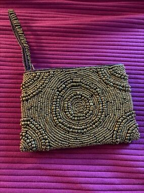 Beaded Wristlet Clutch in Metallic Bronze 4x5”